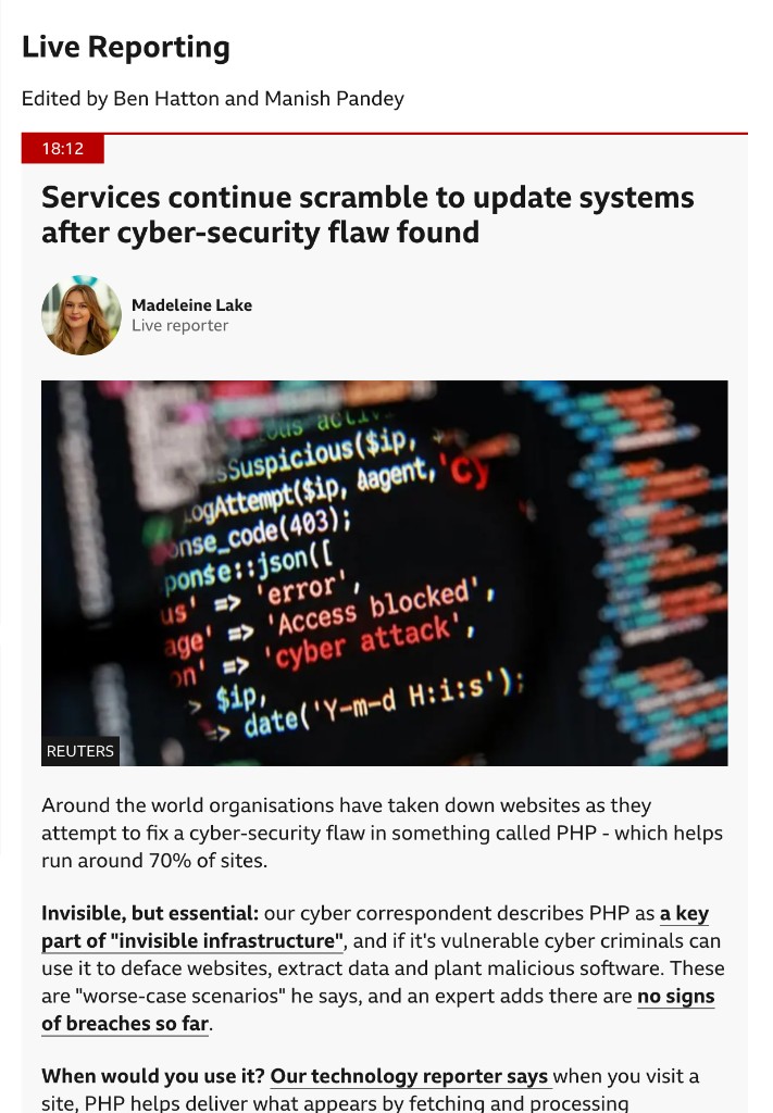 BBC News live reporting: Services continue scramble to update systems after cyber-security flaw found
