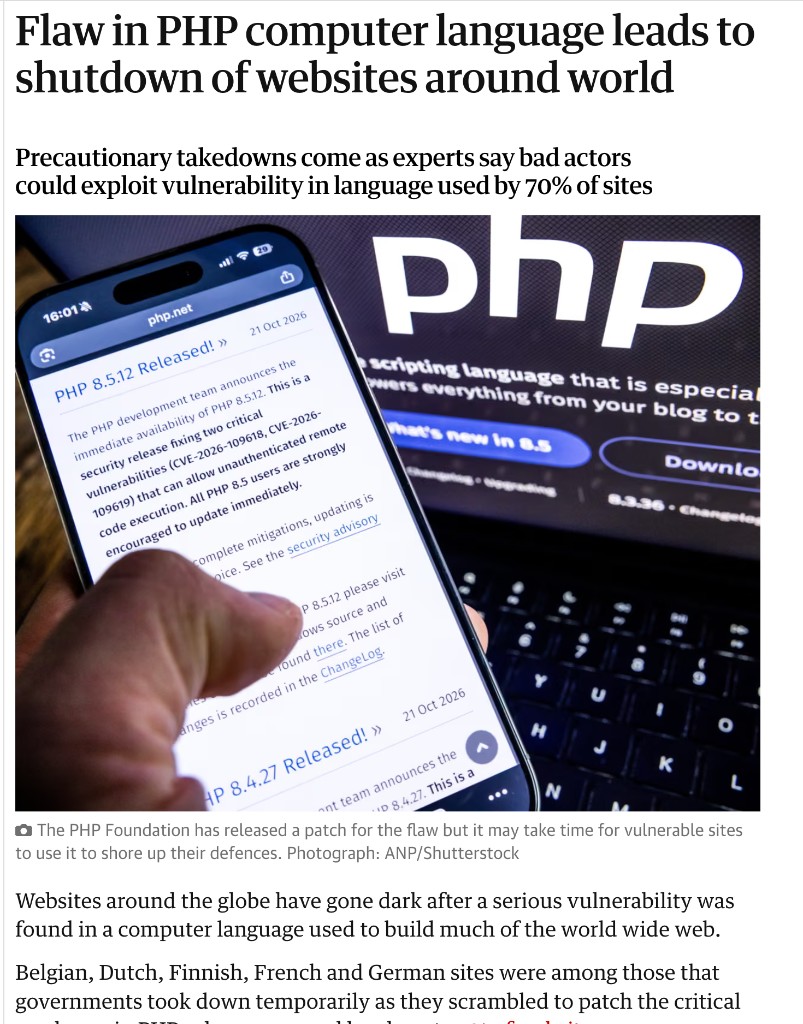 The Guardian: Flaw in PHP computer language leads to shutdown of websites around the world